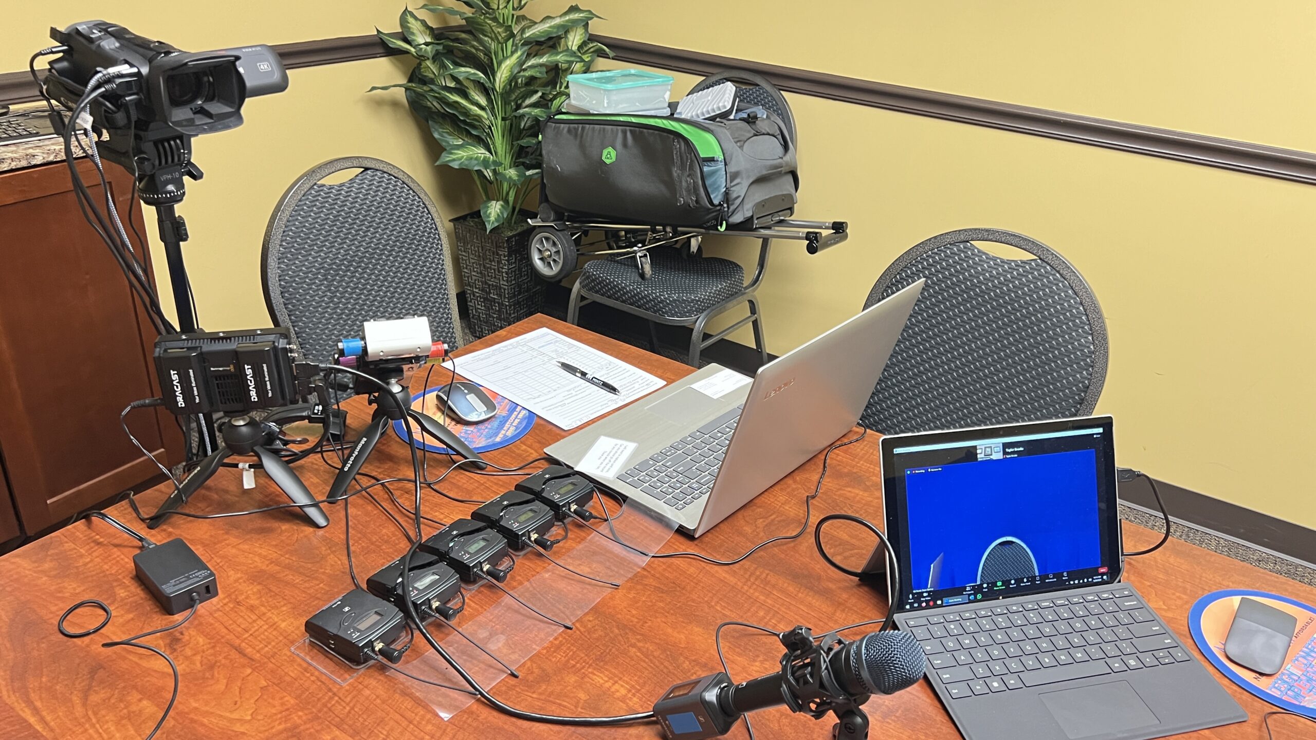 Deposition recording gear in use on conference table